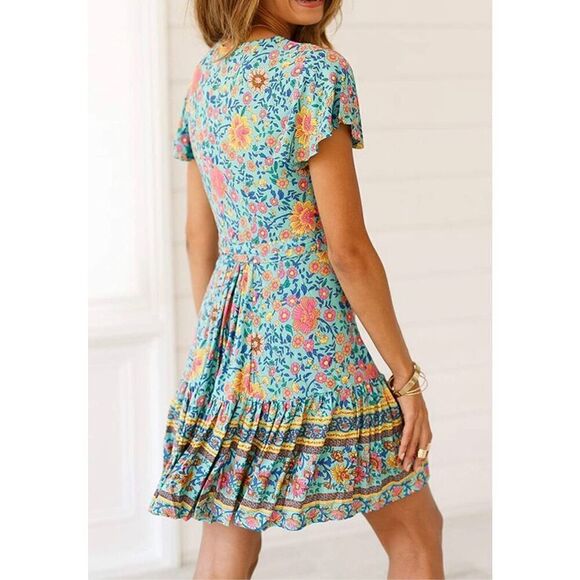 NEW R.Vivimos Wrap Bohemian Ruffle Floral Short Sun Dress XS 0-2 - Picture 5 of 5